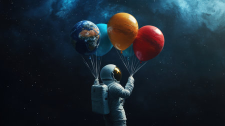 An astronaut surrounded by a dark galaxy, holding balloons designed like Earth, Mars, and Jupiter, adding color to space.の素材