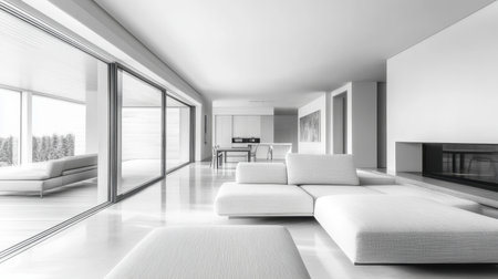 Blur effect of a contemporary living room with modern decor and furniture, perfect for showcasing a peaceful home interior.の素材