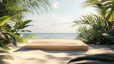 A wooden product display podium on a bright, sunny beach with clear skies and soft sand, surrounded by tropical decor, perfect for summer ad campaigns.の素材
