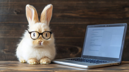 Adorable baby bunny wearing glasses and sitting next to a laptop on a wooden table, perfect for combining Easter holiday themes with e-learning or tech designs.の素材