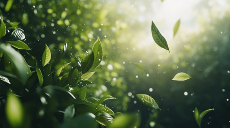 Green tea garden with tea leaves gently floating, creating a calming, natural atmosphere for wellness, eco-friendly designs, or tea-related branding.の素材