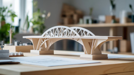 Architectural bridge model in focus with technical drawings in the background, showing materials and structure for concept developmentの素材