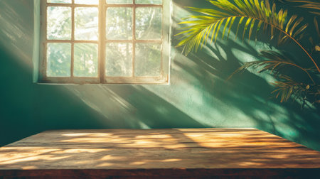 Wooden table facing a sunlit green wall, leaf shadows cast softly by a window. Perfect for displaying products with a natural, eco-friendly vibe.の素材
