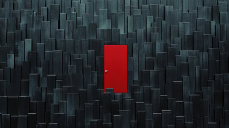A vast landscape of black doors with one red panel representing leadership, standing out as the defining path in a company growthの素材