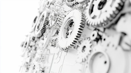A seamless blend of gears, cogs, and digital circuit patterns in motion against a clean white background, symbolizing technological evolutionの素材