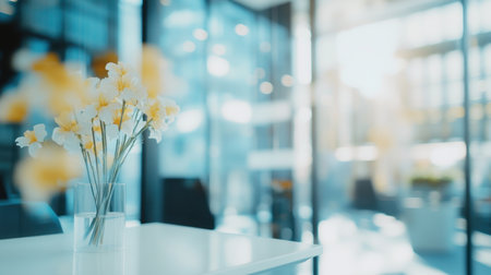Blurred background of a modern office with glass walls and a white table in the foreground, offering a panoramic view of the cityの素材