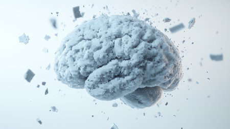 A white 3D pixelated brain in mid-decay, fragments floating away on a blank backdrop, evoking ideas of memory and breakdownの素材