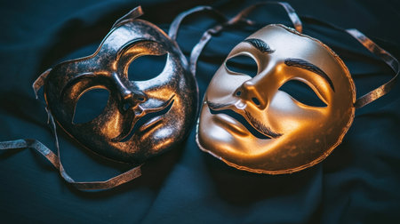 Classic theatrical masks representing comedy and tragedy, lying on a dark stage, symbolizing the emotional range in drama performancesの素材