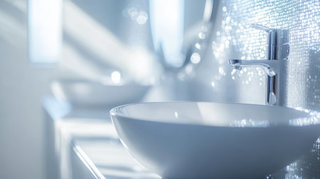 Clean, minimalist white bathroom counter, with sparkling tiles in the background, suitable for showcasing bath products or design ideasの素材