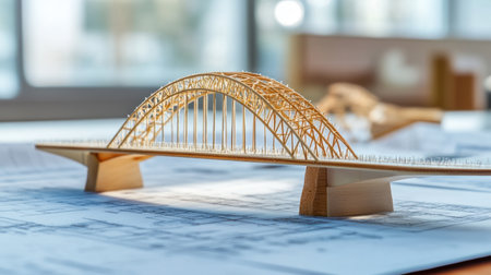 Close-up of a scaled architectural bridge model with detailed design drawings in the background, emphasizing intricate engineering detailsの素材