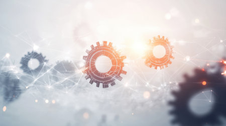 Gears and cogs in motion on a white background, overlaid with digital tech elements, symbolizing mechanics and technology integrationの素材