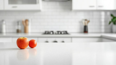 Clean white kitchen interior with an empty countertop and a blurred background, perfect for highlighting kitchen productsの素材