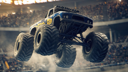 Extreme sports excitement as a monster truck performs a jaw-dropping stunt in front of a roaring crowd in a stadiumの素材
