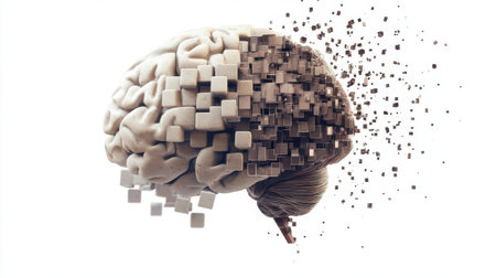 Conceptual 3D pixel brain, disintegrating into digital cubes, white background representing technological deteriorationの素材