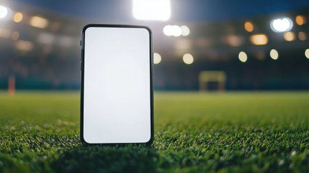 Mobile phone in a football field setting, blank white screen ready for content, blurred stadium background emphasizing sports focusの素材