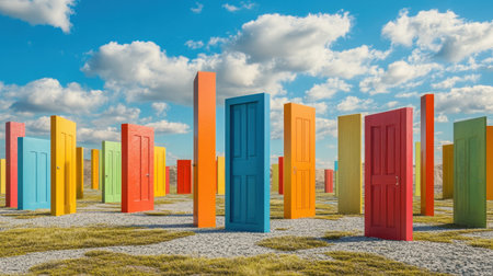 Colorful doors scattered across a bright landscape, symbolizing various paths and opportunities available in life or career decisionsの素材