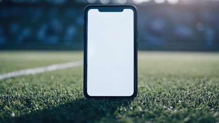 Close-up of mobile phone with a blank white screen on a blurred football field background, symbolizing sports apps or live streamingの素材