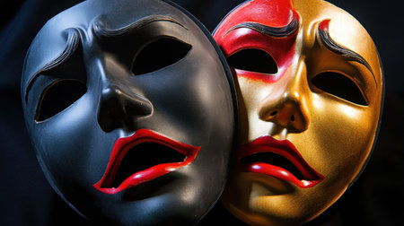 Theatrical masks for drama performances, highlighting the expressive range of emotions in stage plays, set against a dramatic backgroundの素材