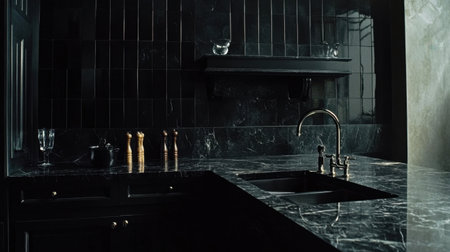 Dark kitchen interior featuring a black marble countertop, black cabinets, and dark tiled walls, perfect for high-end kitchen designsの素材