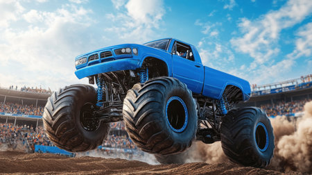 Extreme sports excitement as a monster truck performs a jaw-dropping stunt in front of a roaring crowd in a stadiumの素材