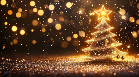 Glowing golden Christmas background with soft bokeh, ideal for holiday greetings or promotional festive content. Generative AI design.の素材