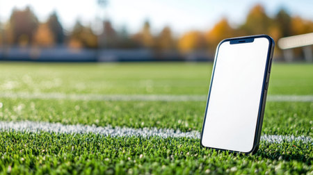 Focused shot of mobile phone with white screen, football field in the background out of focus, symbolizing sports technology integrationの素材