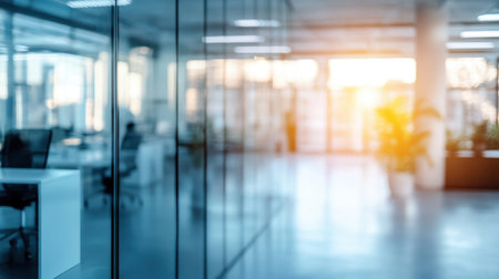 Modern office interior with glass walls, blurred background, and white table in focus, showcasing minimalism and opennessの素材