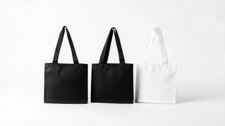 Mockup of black and white tote bags with a blank canvas for logos or design, ideal for brand showcases or product presentations.の素材