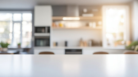 Minimalist kitchen interior with a white countertop, blurred appliances and cabinets in the background, perfect for showcasing kitchen-related productsの素材