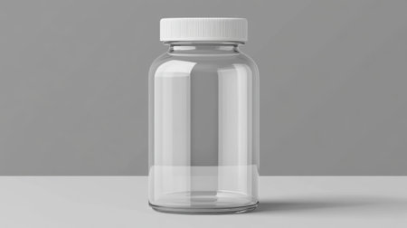 Glass bottle mockup with a white cap on a neutral grey background, perfect for showcasing branding or product labels in vector designの素材