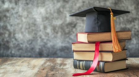 Stack of books with a graduation cap and diploma next to it, against a simple background, ideal for educational or academic contentの素材