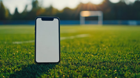 Smartphone with white screen, focused in the foreground, with a vibrant football field blurred in the distance, ideal for sports techの素材