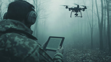 Soldier in a foggy forest, controlling a drone using a tablet, creating a tense military scene in a misty, atmospheric setting.の素材