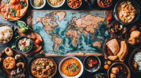 A table with a detailed world map at the center, surrounded by dishes representing food from various countries, showcasing global culinary diversity.の素材