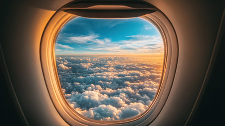 The majestic view from the airplane window, with a sea of clouds below and a brilliant blue sky stretching endlessly above.の素材