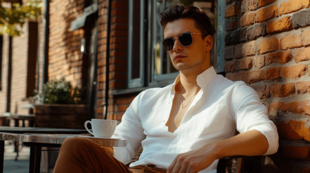 Young man in trendy sunglasses and a white shirt, casually sipping his coffee outside a vibrant cafe on a bright morning.の素材