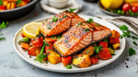 Salmon steak with crispy skin, paired with sauted vegetables and a fresh lemon wedge, served on an elegant white plate.の素材