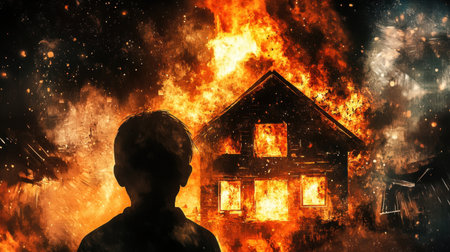 Silhouette of a person with emotionless eyes, watching their house go up in flames, bright fire illuminating the night. Copy space for text.の素材