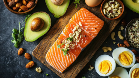 A top view of fresh salmon fillet surrounded by avocado, nuts, and boiled eggs on a wooden cutting board, highlighting health-conscious meal ingredients.の素材