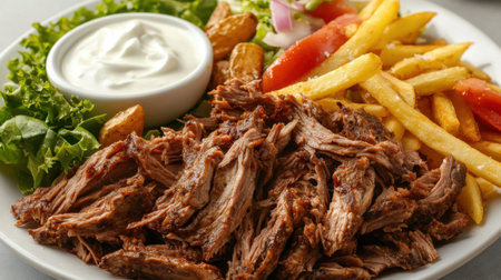 A delicious plate of doner kebab meat with crispy fries, salad, and yogurt sauce, presented in a clean and appetizing style.の素材