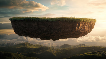 A 3D render of floating soil layers, including grass, rocks, and earth textures, with a surreal floating island concept.の素材