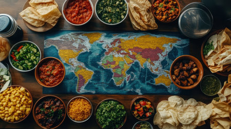 A vibrant scene of international cuisine displayed on a table with a world map, highlighting food from different cultures around the globe.の素材