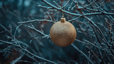 Golden Christmas ball nestled in tree branches, creating a festive, elegant holiday look. Ideal for Christmas-themed ads or holiday greetings.の素材