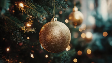 Close-up of a golden Christmas ball hanging on a tree, creating a festive, elegant holiday scene. Perfect for Christmas-themed designs or holiday promotionsの素材
