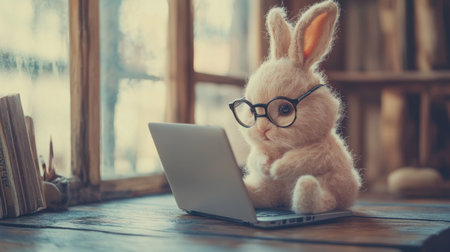 Baby rabbit with glasses looking at a laptop on a wooden table, creating a charming Easter-themed e-learning or tech-related design.の素材
