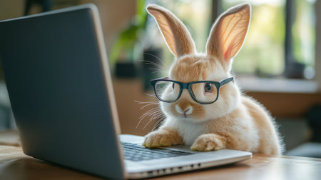 Cute baby bunny wearing glasses with a laptop, perfect for an Easter-themed e-learning concept or combining holiday and technology ideas.の素材