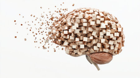 Conceptual 3D pixel brain, disintegrating into digital cubes, white background representing technological deteriorationの素材