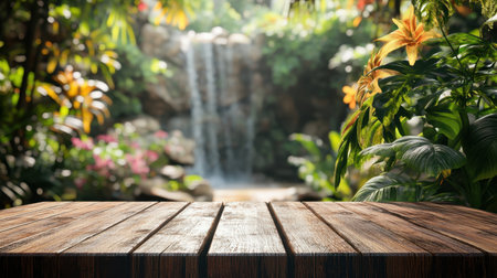 Wooden table top in a tropical jungle setting with a waterfall in the background, ideal for spring and summer product placement in nature.の素材