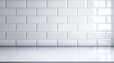 Clean white countertop with space for text, backed by spotless tiled walls, suitable for modern bathroom or hygiene product promotionsの素材