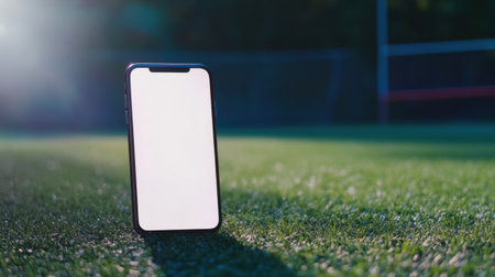 Smartphone with white screen, focused in the foreground, with a vibrant football field blurred in the distance, ideal for sports techの素材